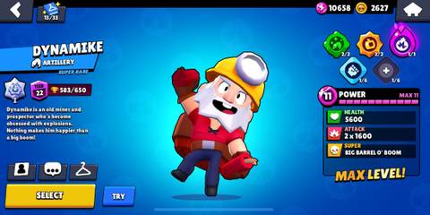 Dynamike standing in front of a blue background in the Brawl Stars menu