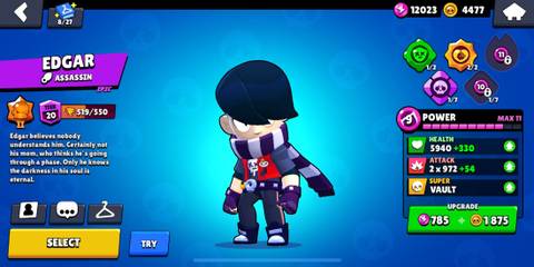 Edgar standing in front of a blue background in the Brawl Stars menu