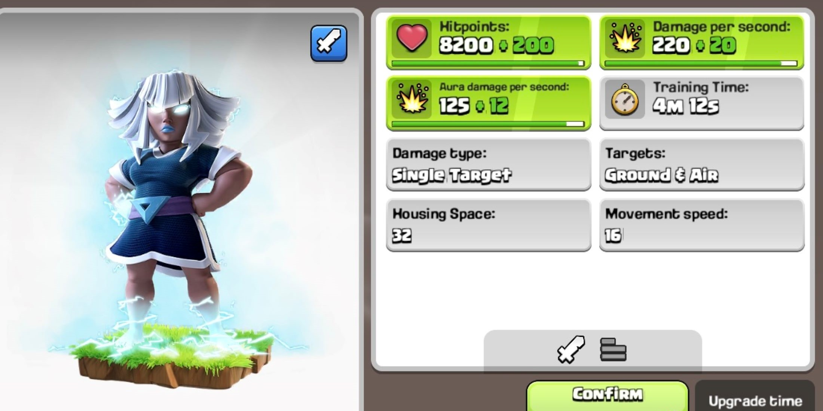 Electro Titan standing on grass next to a display of its statistics in Clash of Clans