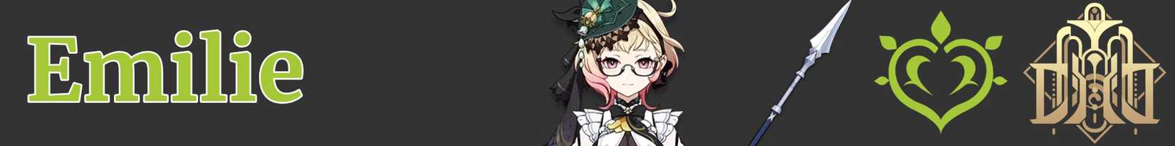 A narrow image showing emilie's name in the Dendro colours and her details, including her portrait, a Polearm, a Dendro symbol, and the Fontaine Emblem - Genshin impact