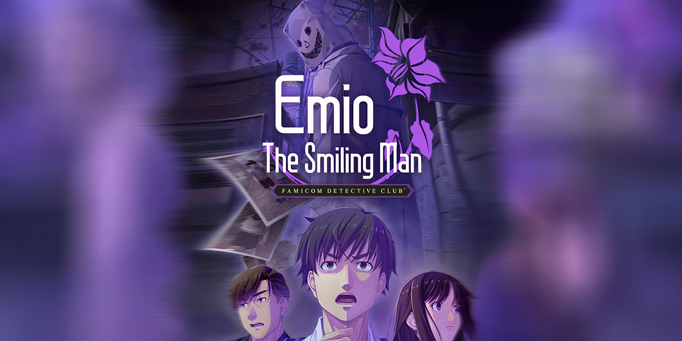 Box art of Emio-The Smiling Man on a blurry purple background