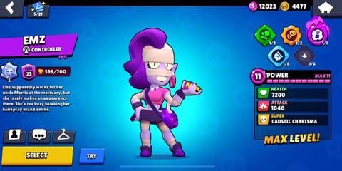 EMZ standing in front of a blue background in the Brawl Stars menu 