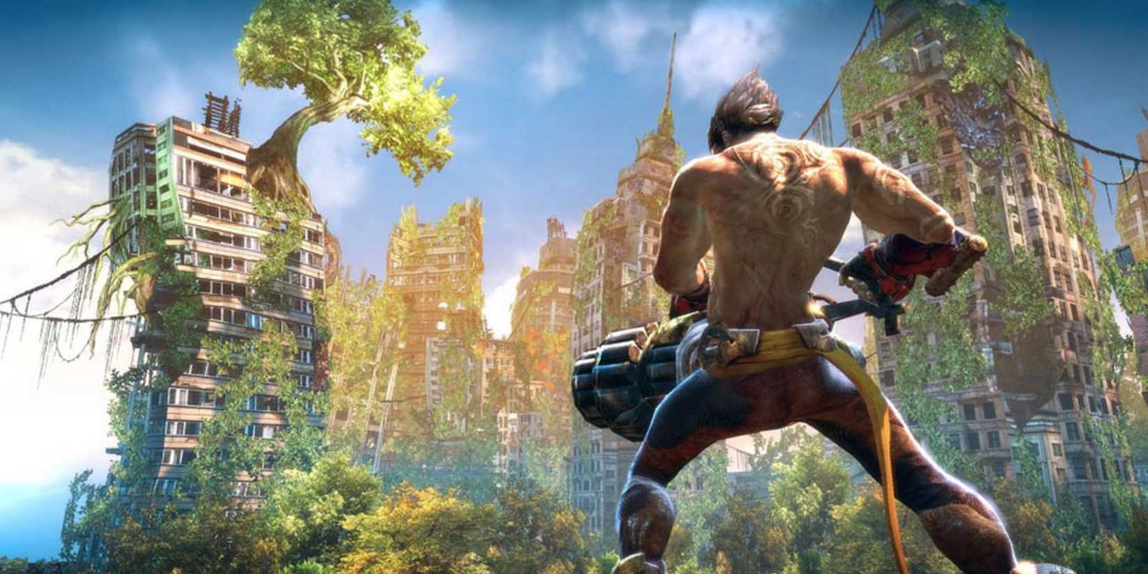 Enslaved Odyssey to the West main character holding a gun in an abandoned city