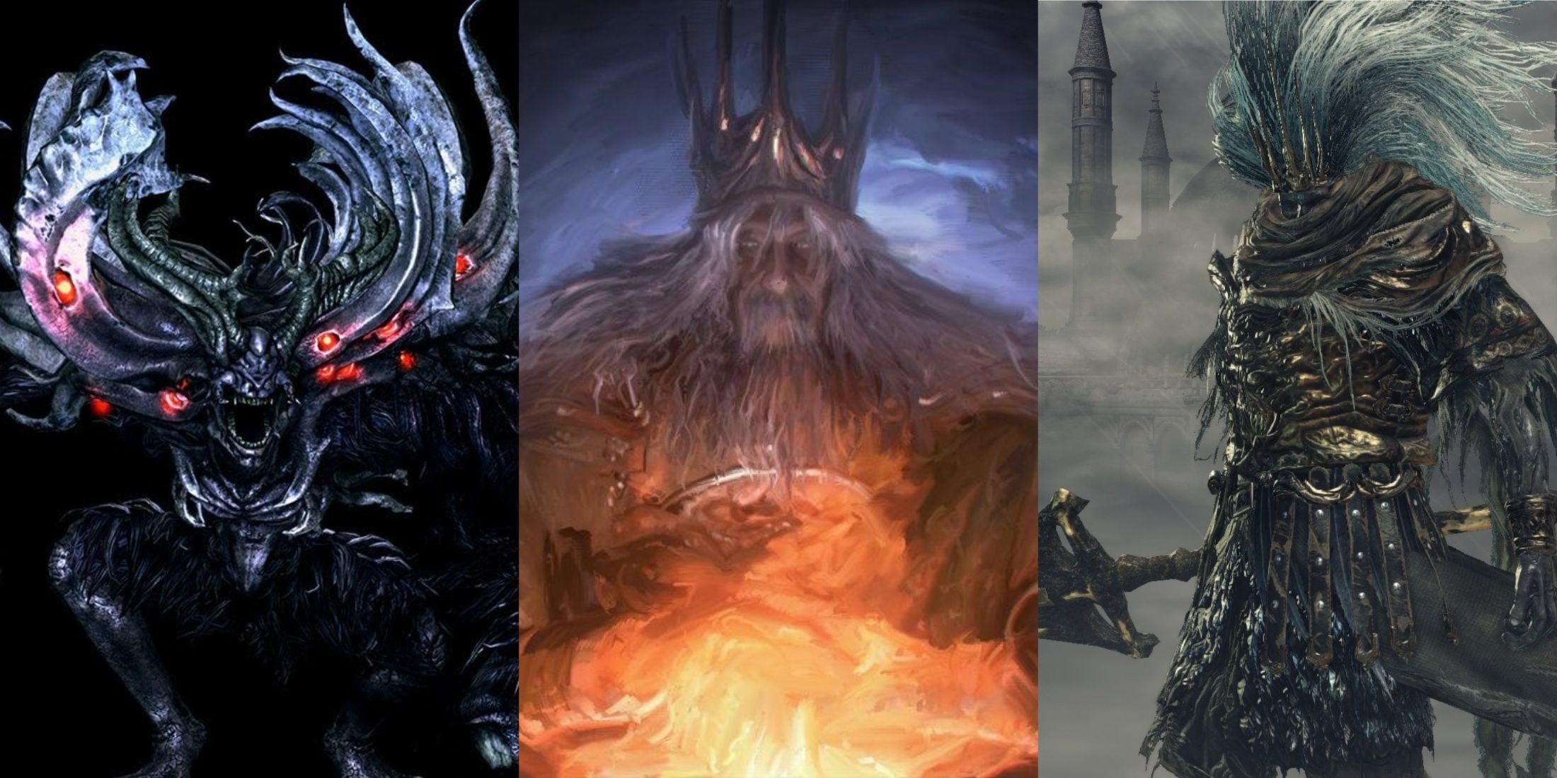 Stills of Manus, Gwyn, and the Nameless king from the Dark Souls franchise