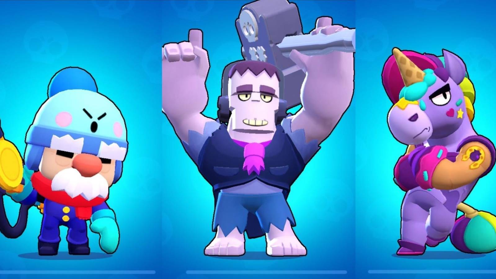 Gale, Frank and Berry posing in front of a blue background in Brawl Stars
