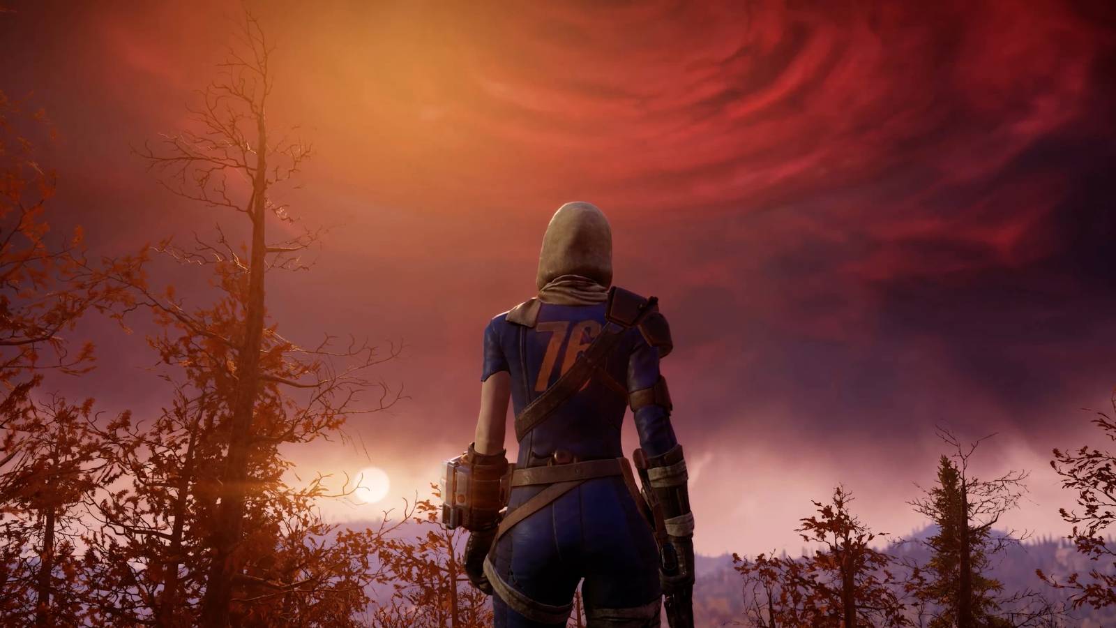 A Fallout 76 character staring at the sky