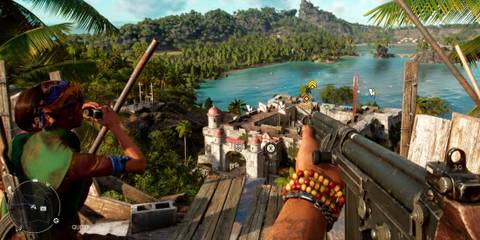 Screenshot of Far Cry 6 Gameplay With Character Overlooking an Enemy Settlement