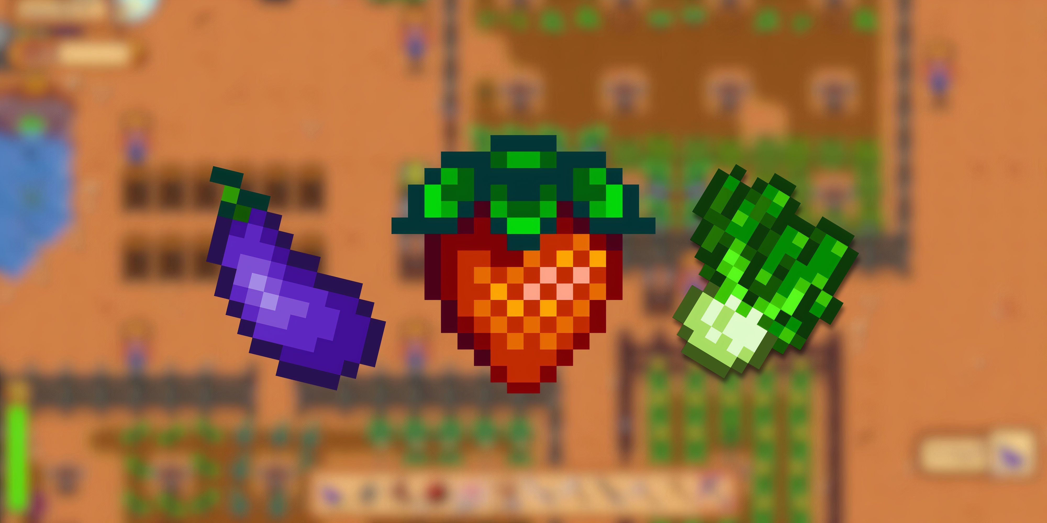 eggplant, strawberry, and bok choy in stardew valley.