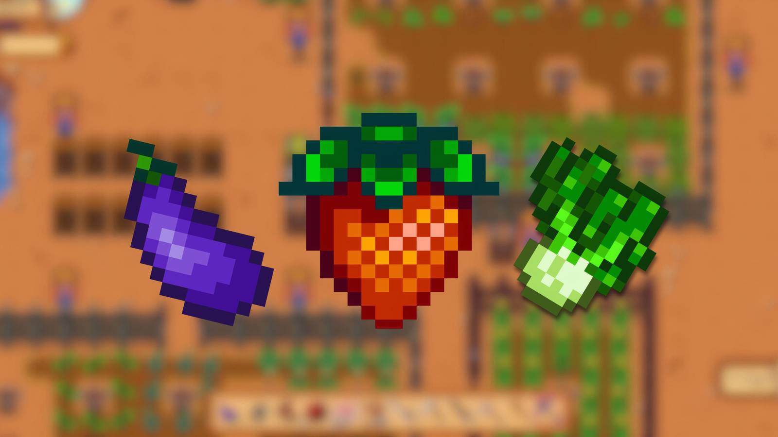 eggplant, strawberry, and bok choy in stardew valley.