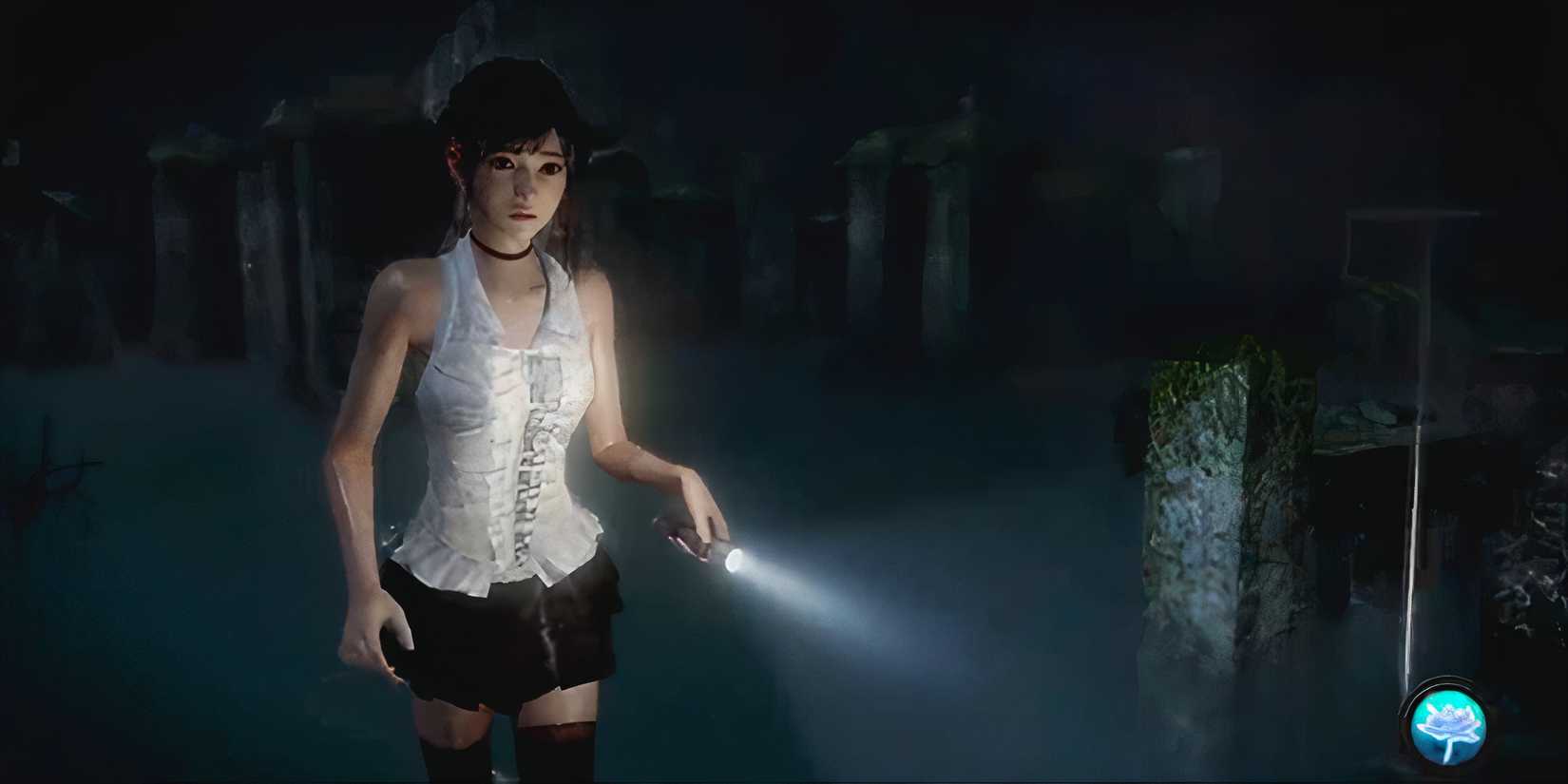 Miu exploring the dark with flashlight