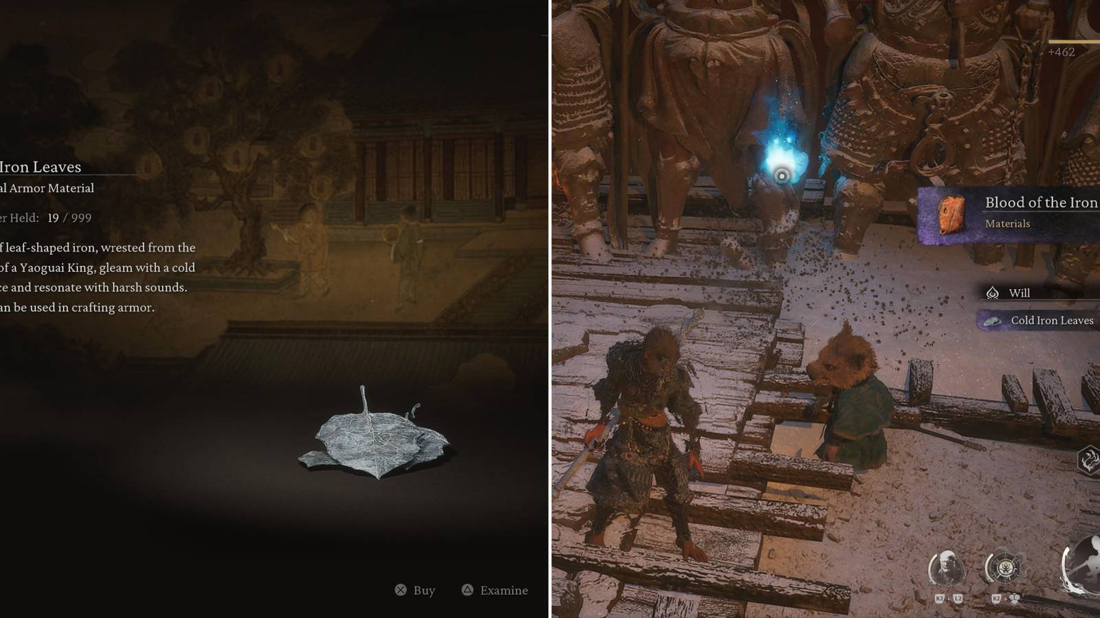 Cold Iron Leaves In The Menu & The Player Getting Some After Defeating An Enemy 