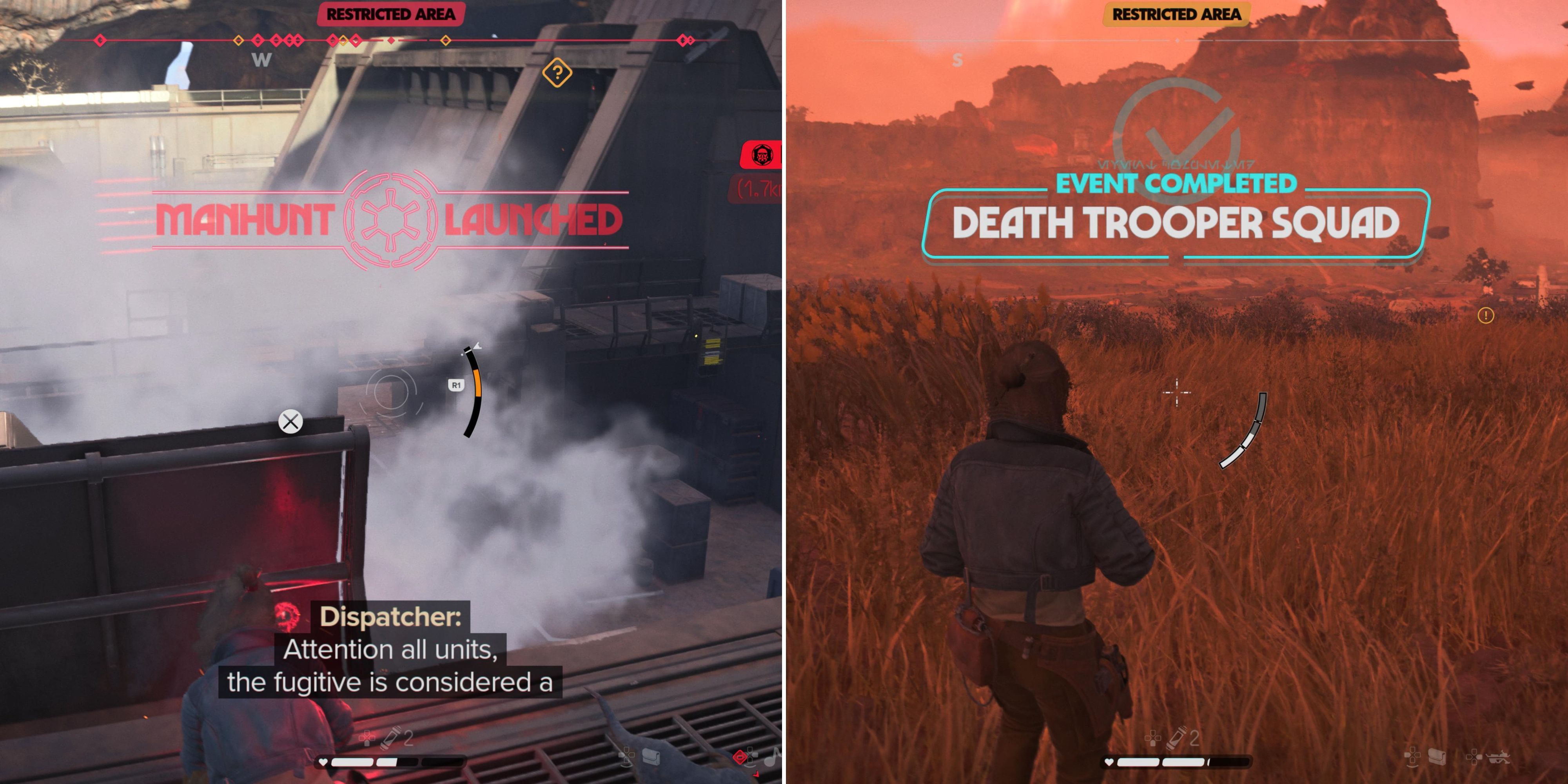 The Manhunt Launched Display & The Player Completing A Death Trooper Squad Event