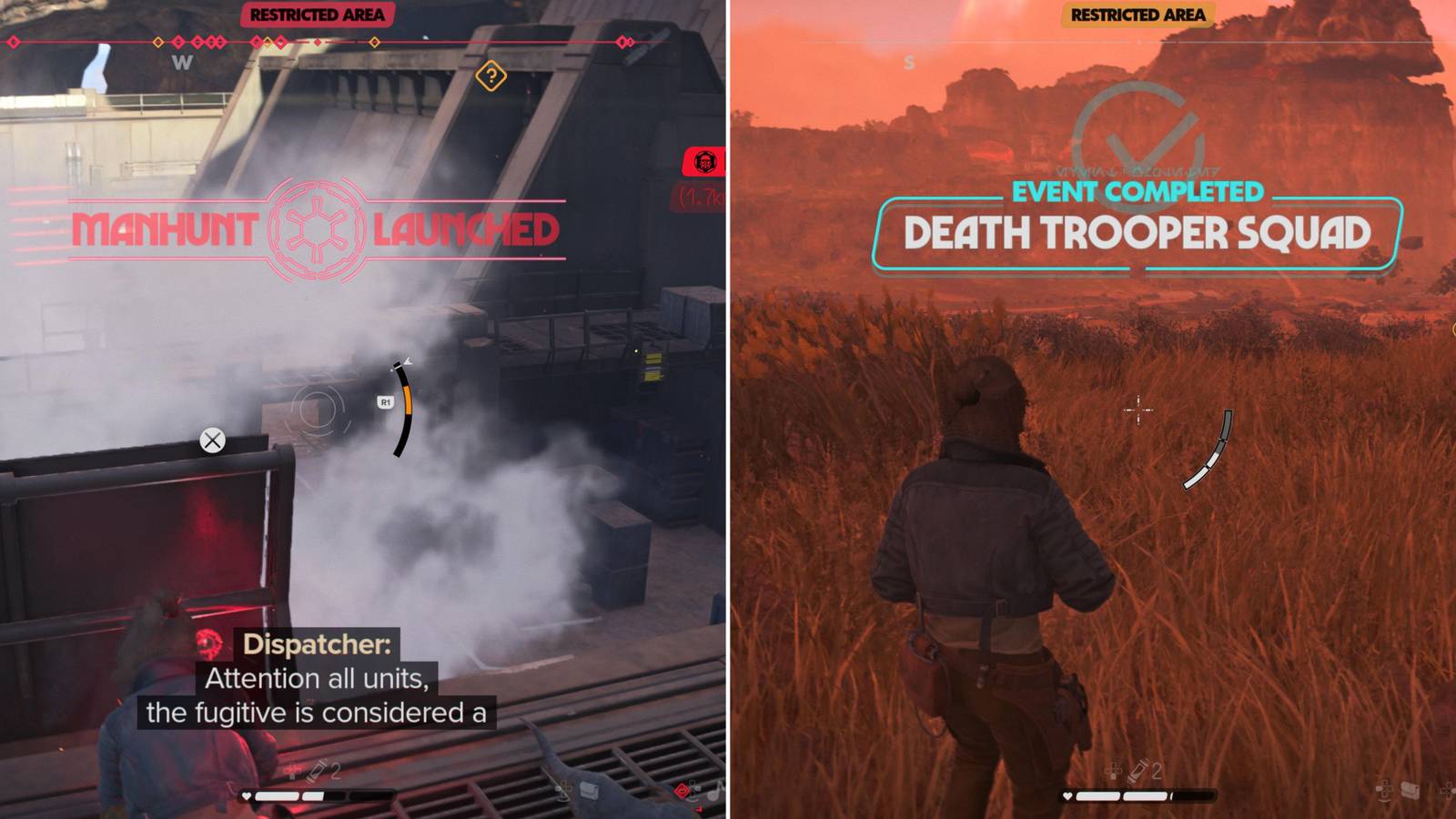 The Manhunt Launched Display & The Player Completing A Death Trooper Squad Event