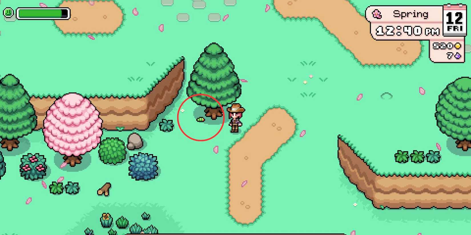 fields of mistria shaking a tree to find a caterpillar