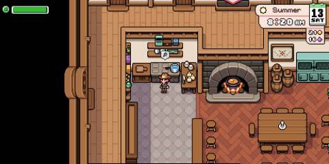 Cooking in the inn's kitchen in Fields of Mistria