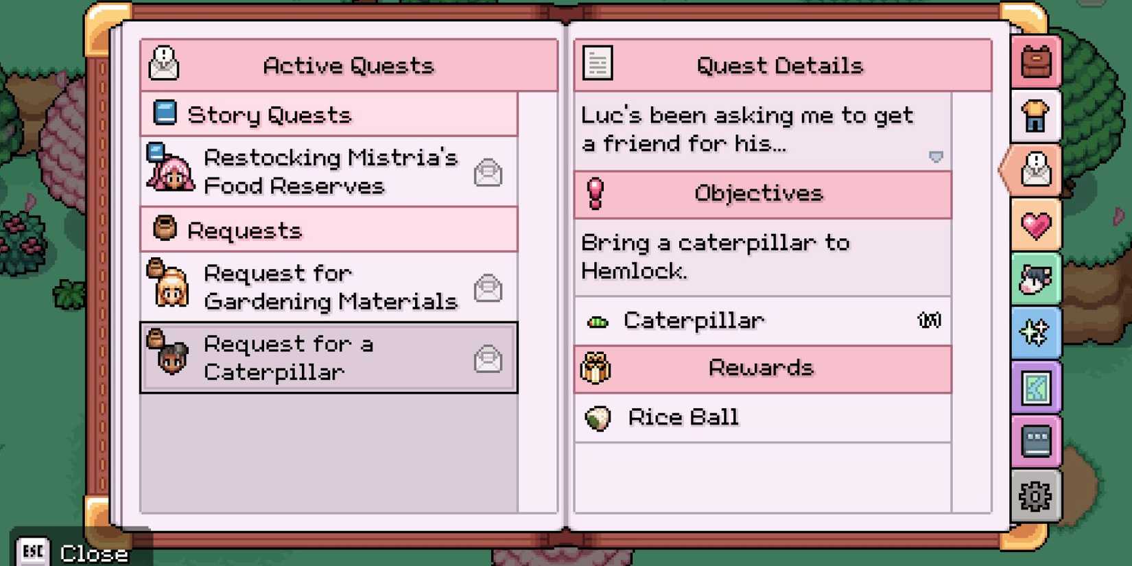 fields of mistria request for a caterpillar quest