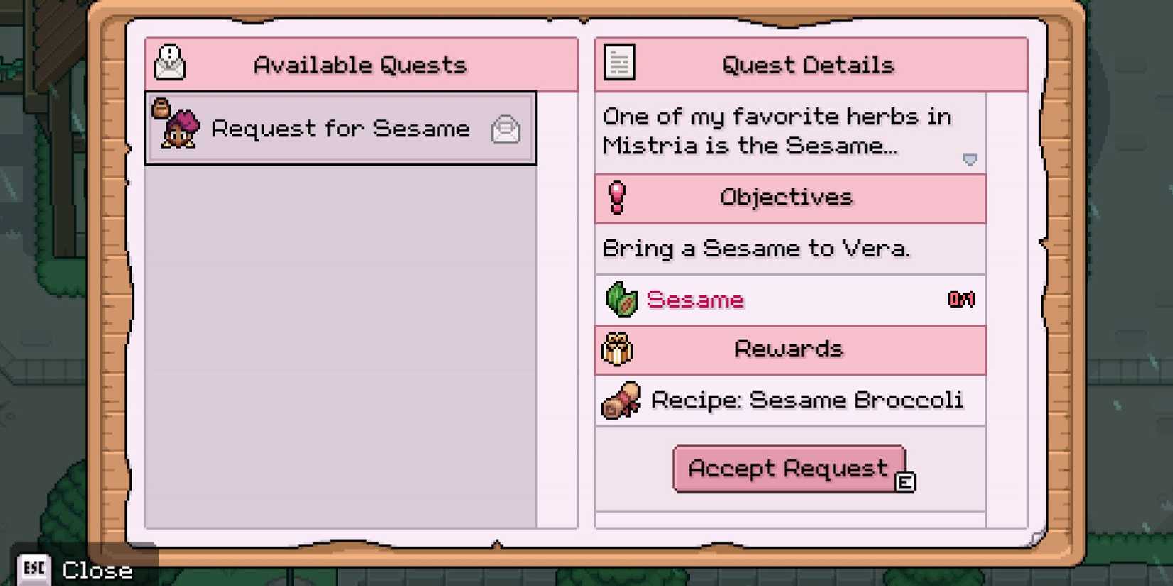 fields of mistria request for sesame side quest