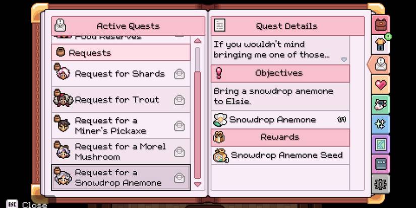 fields of mistria snowdrop anemone request description