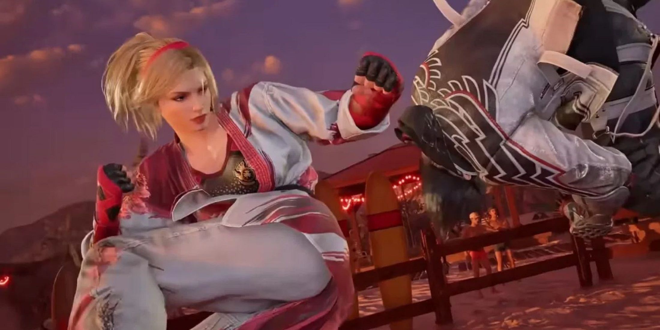 Lidia Sobieska from Tekken 8 executes a powerful mid-air kick against an opponent