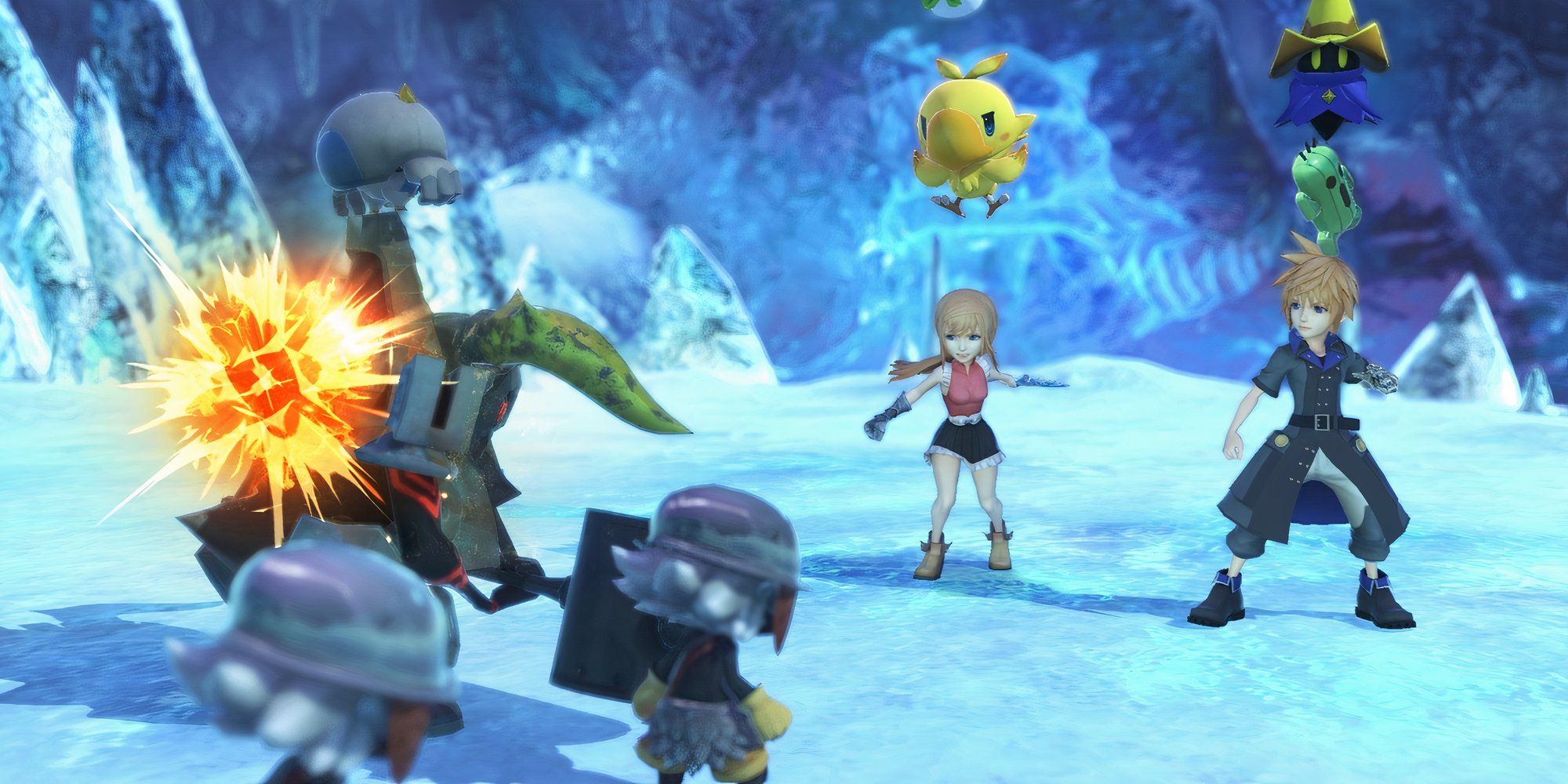 Fighting a battle in an ice cavern World Of Final Fantasy