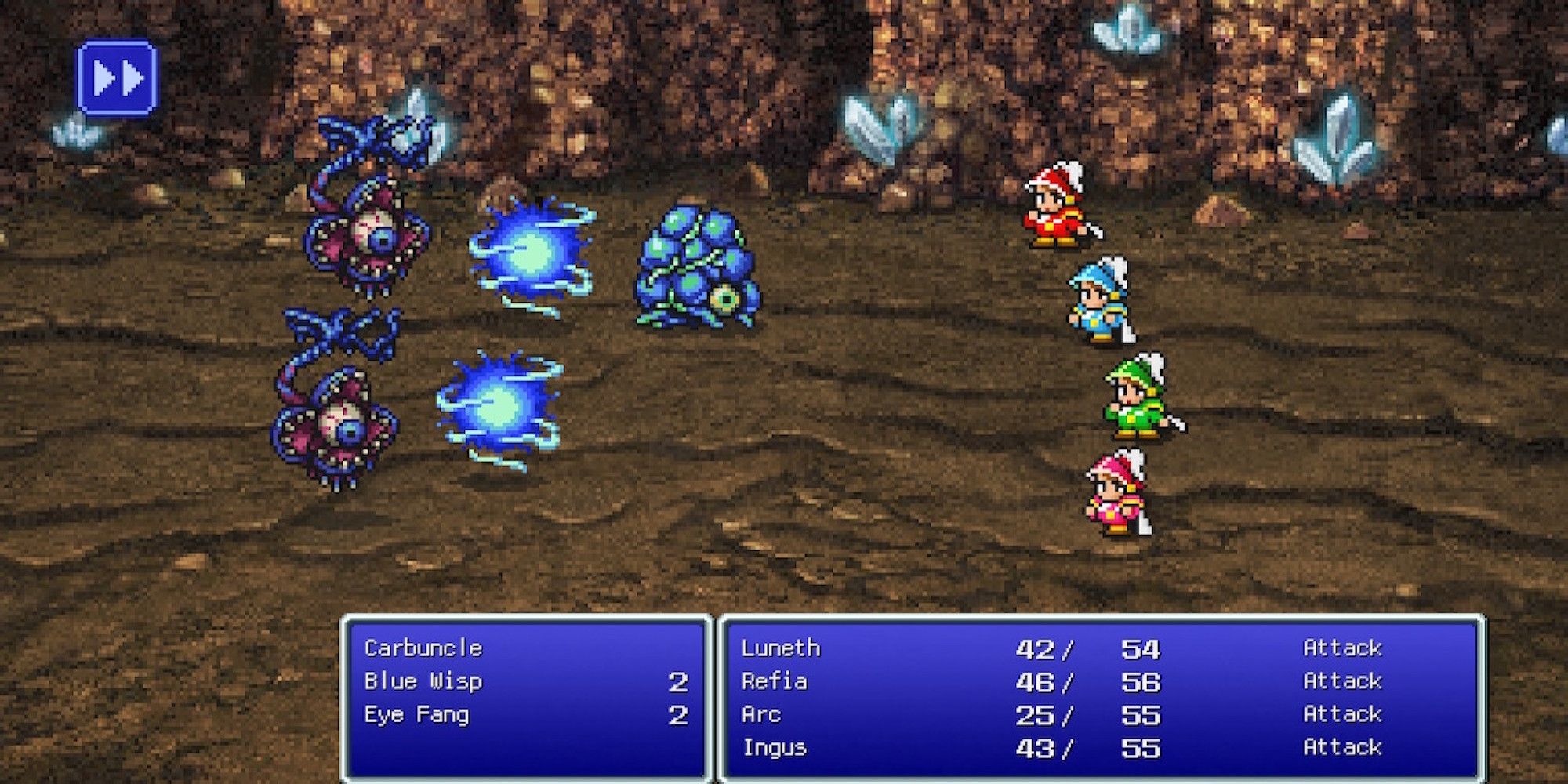 Fighting a battle in Final Fantasy 3 (Pixel Remaster)