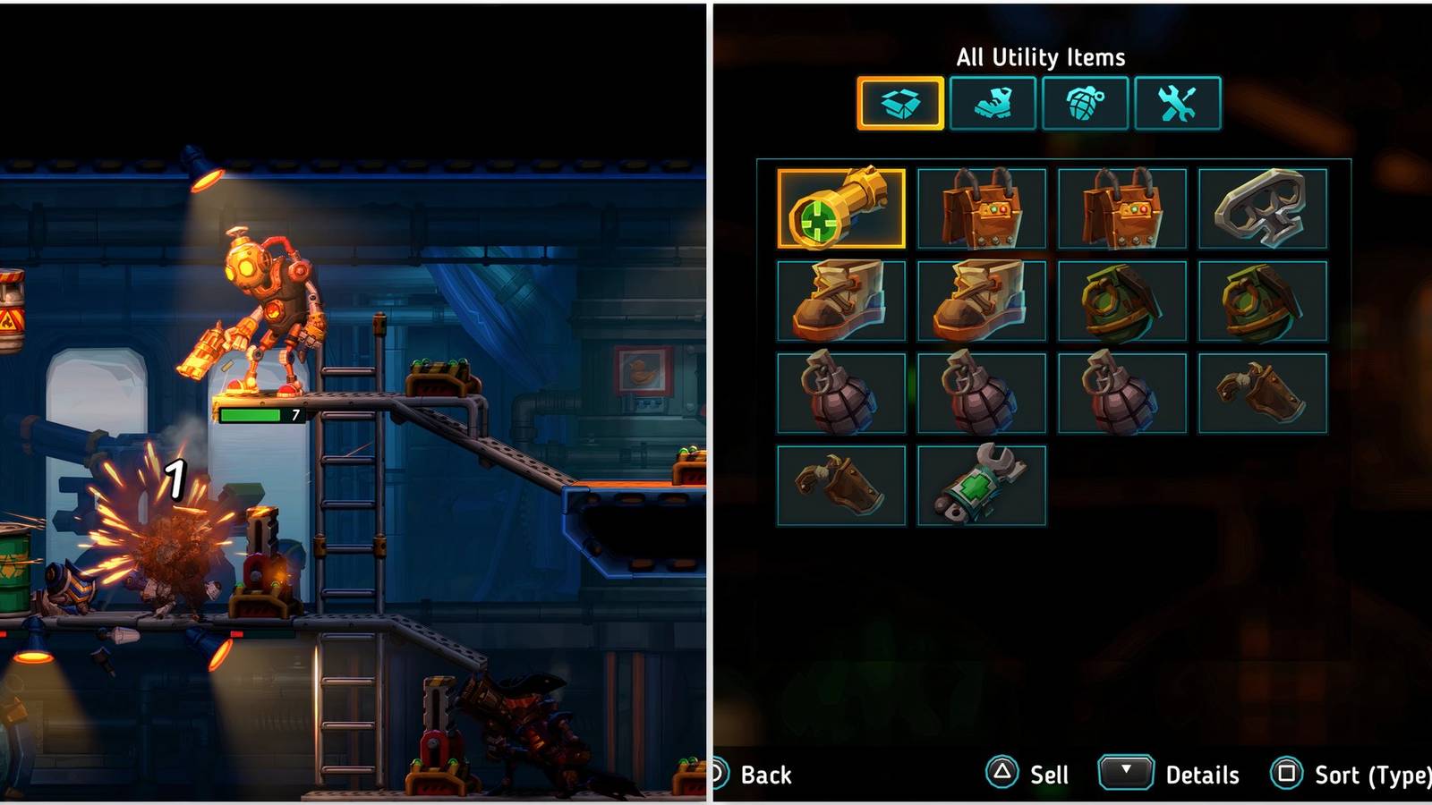 Fighting enemies and the Scope utility item in SteamWorld Heist 2