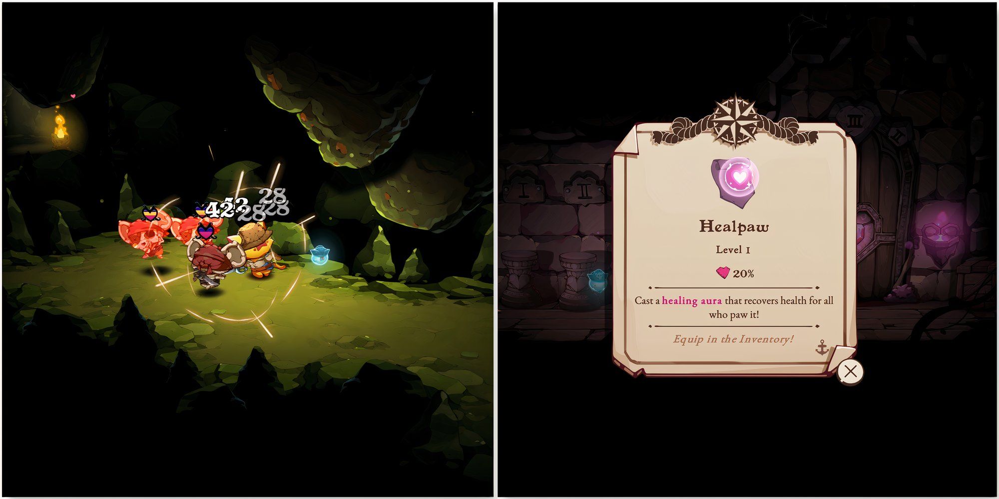 Fighting enemies in a cave and the Healpaw spell in Cat Quest 3