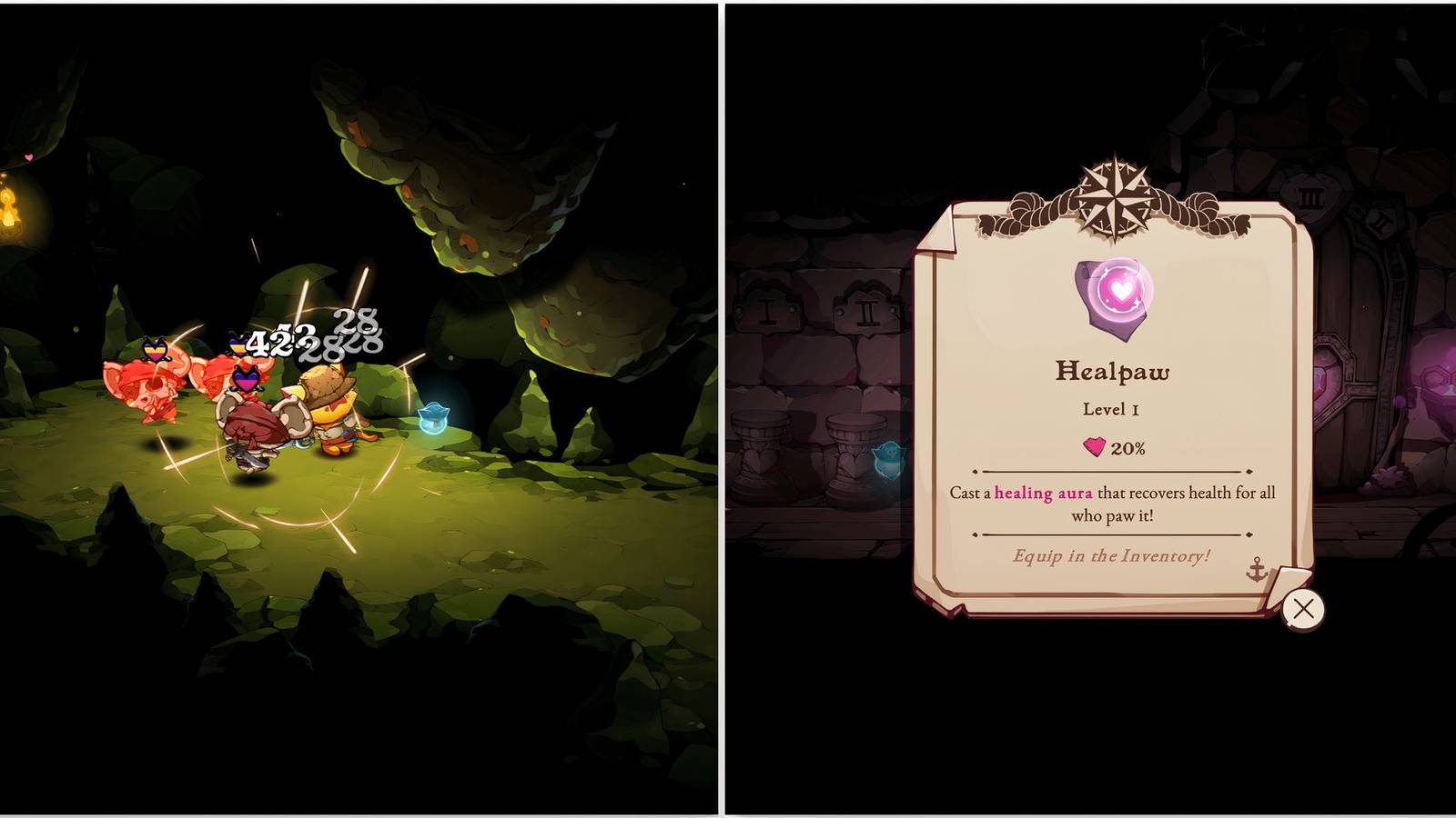 Fighting enemies in a cave and the Healpaw spell in Cat Quest 3
