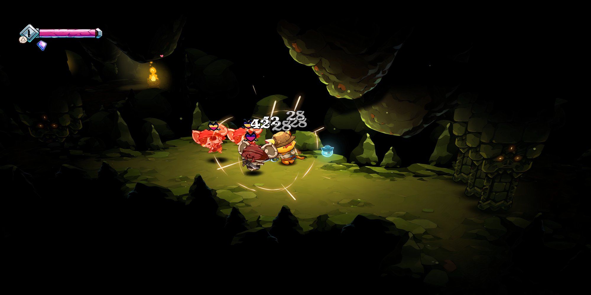 Fighting enemies in a cave in Cat Quest 3