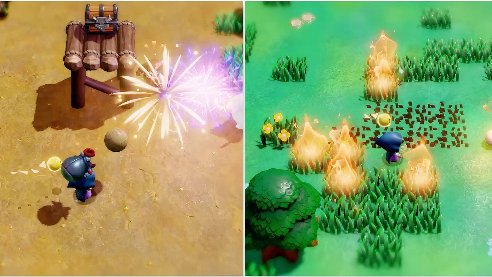 Fighting enemies with a canon and burning grass in The Legend of Zelda Echoes of Wisdom