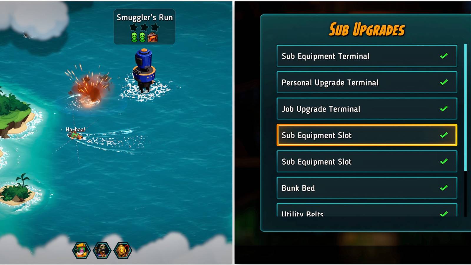 Fighting enemy ships and Sub Equipment Slot sub upgrade in SteamWorld Heist 2