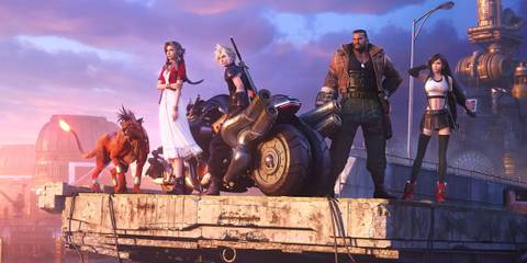 A screenshot of Cloud Strife and the rest of the party from Final Fantasy 7 Remake