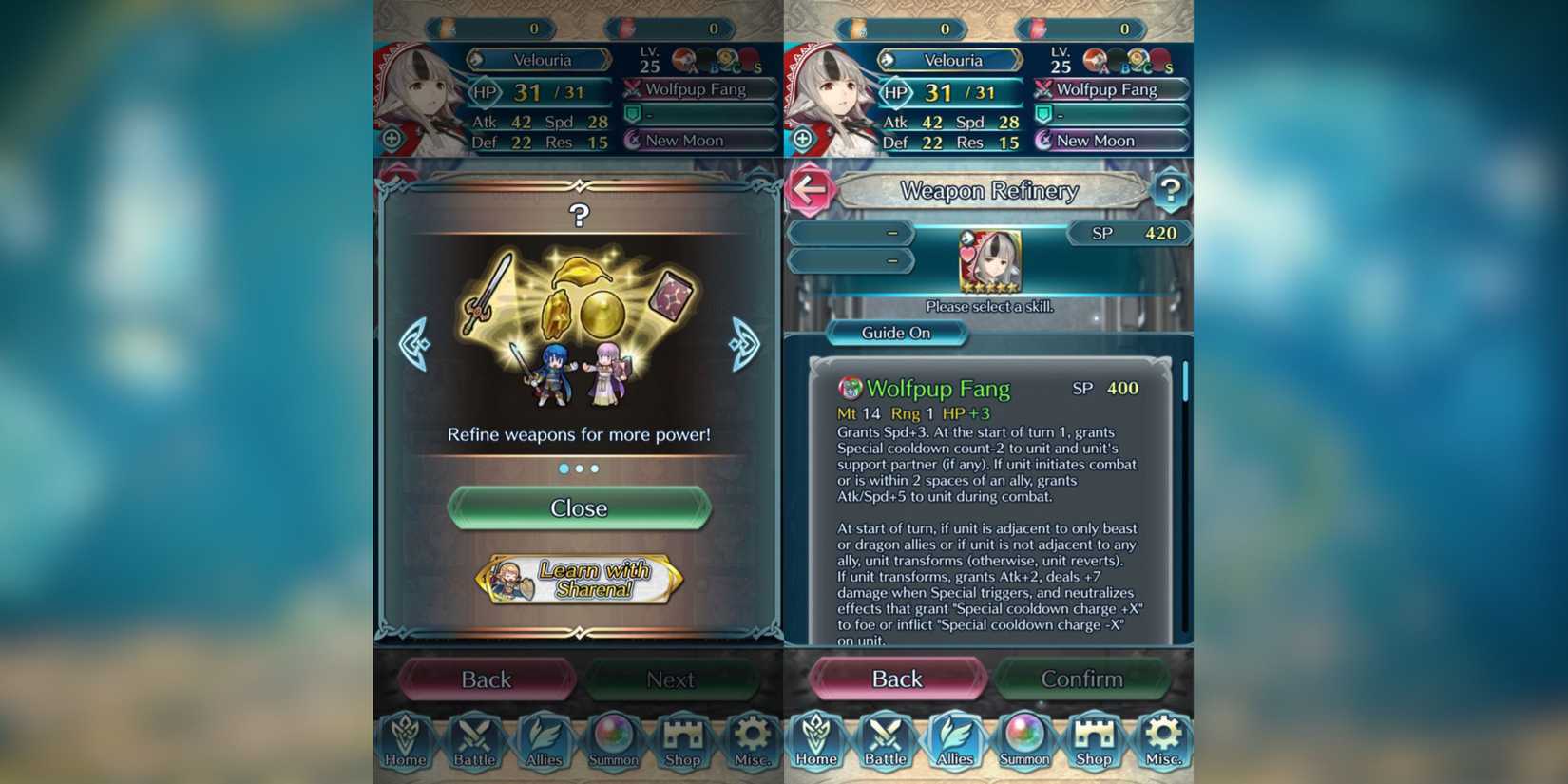 weapon refinery menu in fire emblem heroes.