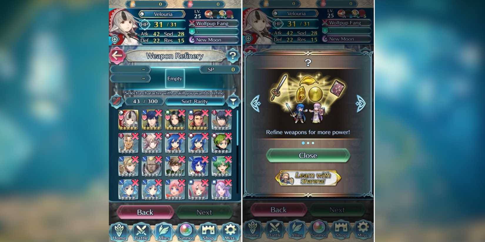 the weapon refinery menu in fire emblem heroes.