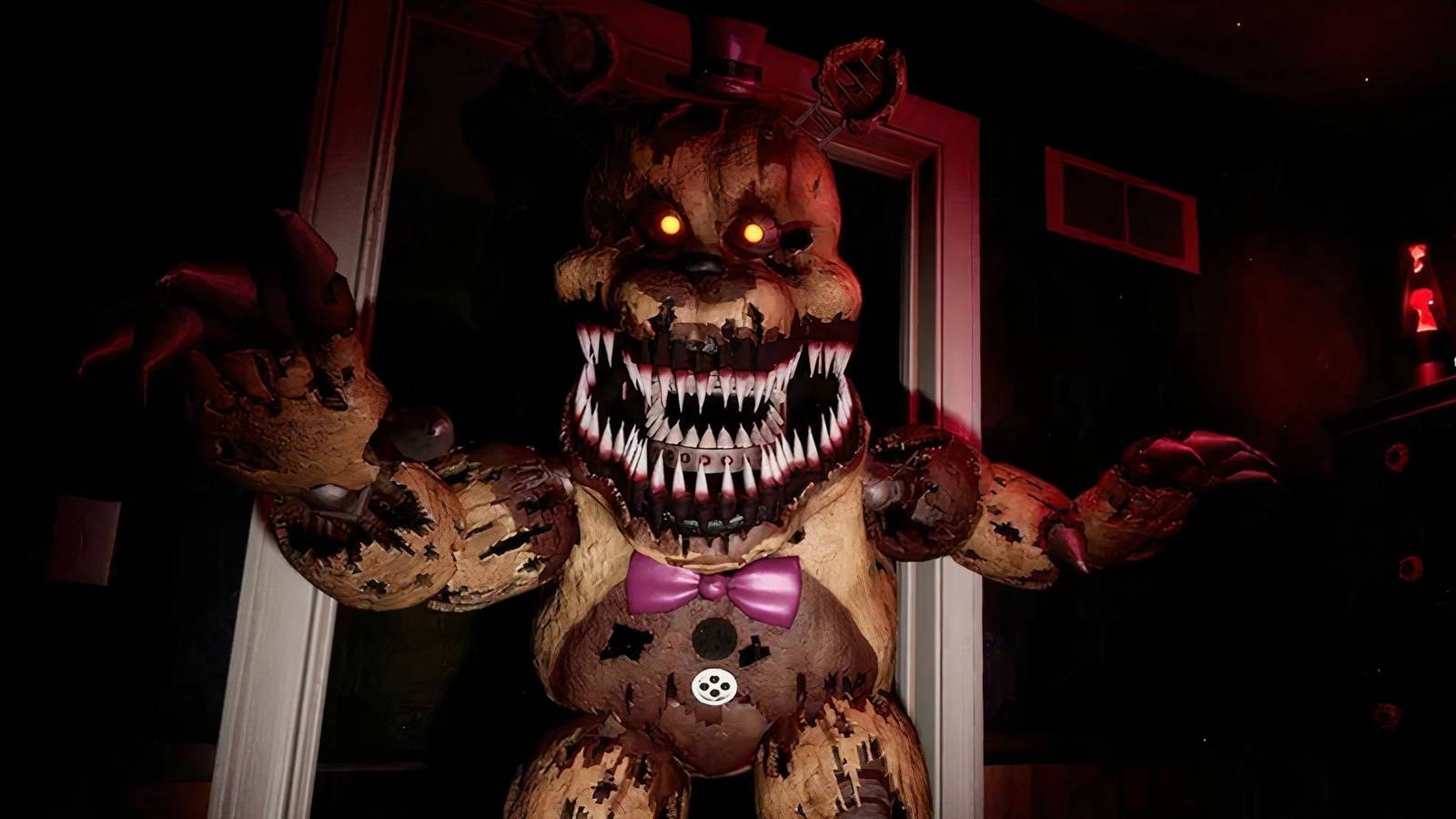 five nights at freddy's nightmare freddy lunging from a doorway in flashlight