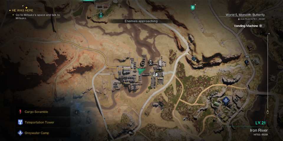 Screenshot showcasing where to find the Flame Essence Deviation at the Greywater Industrial Zone in Once Human