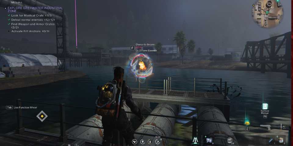 Screenshot showcasing the Flame Essence Deviation at the Greywater Industrial Zone in Once Human