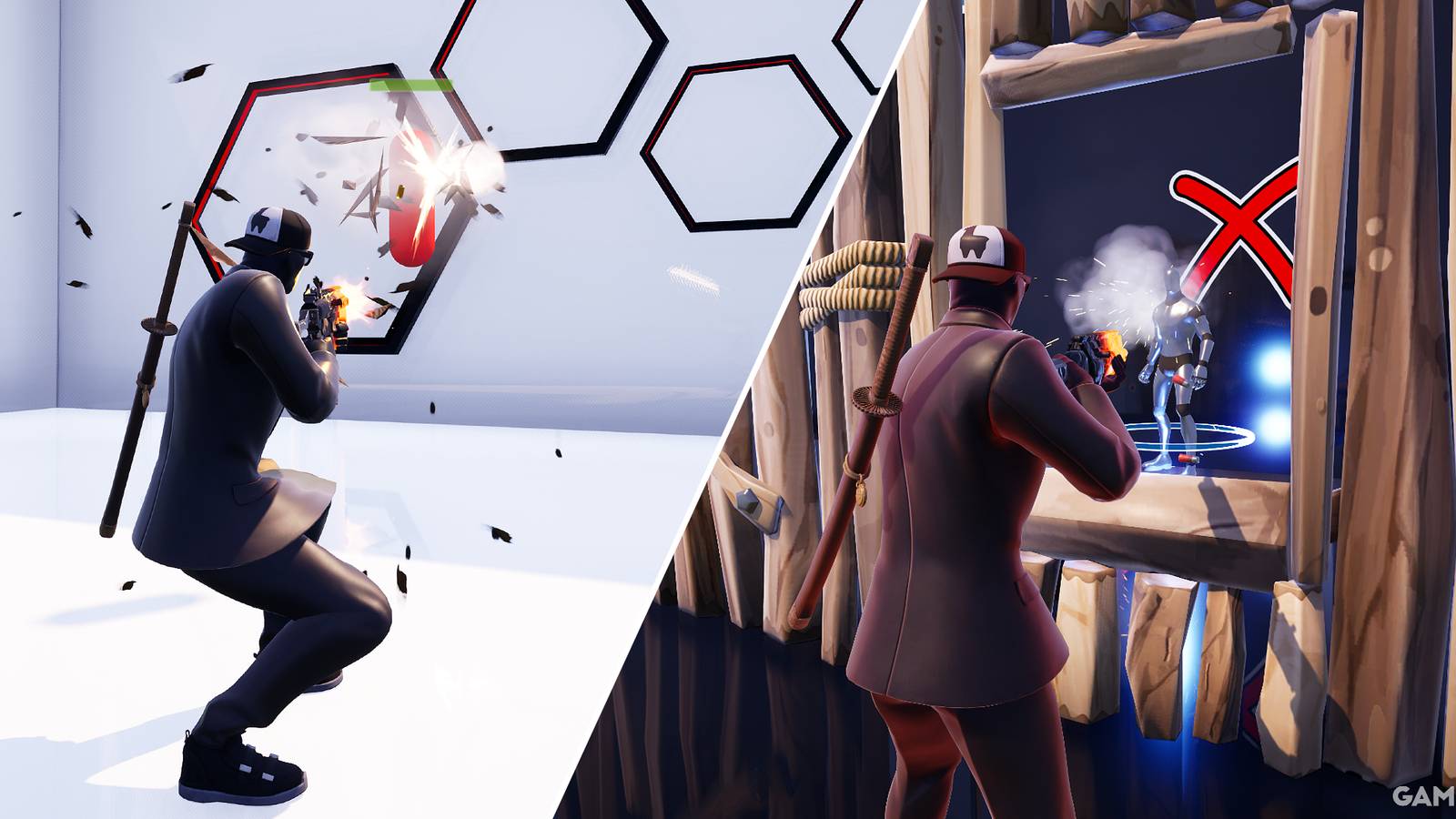Split-image showcasing two aim training Creative maps in Fortnite