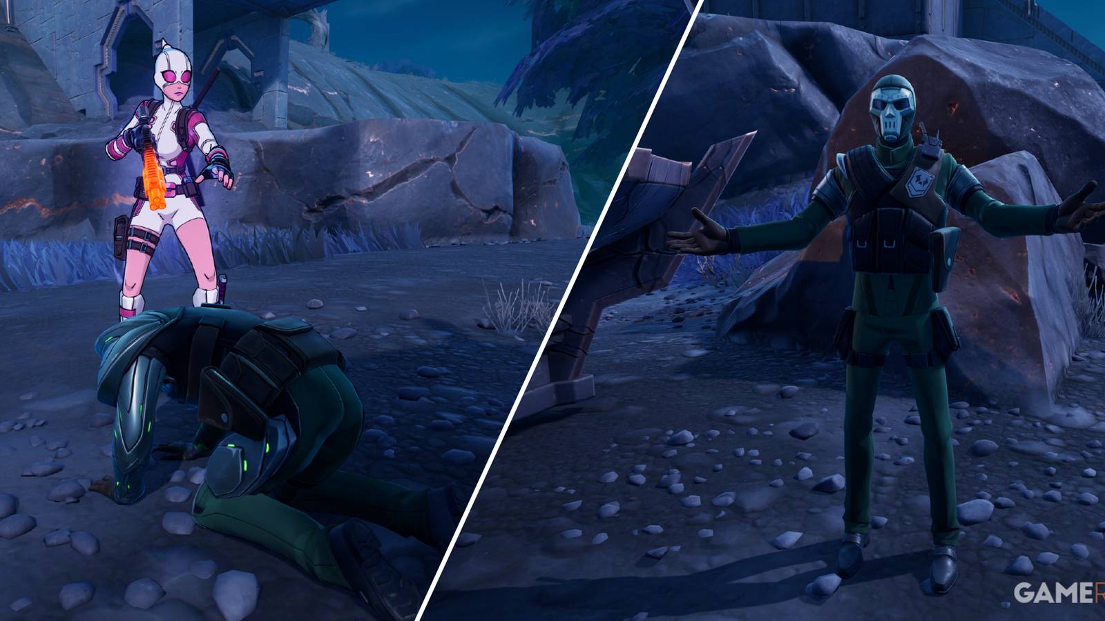 Split-image showcasing how to convert Doom Guards in Fortnite