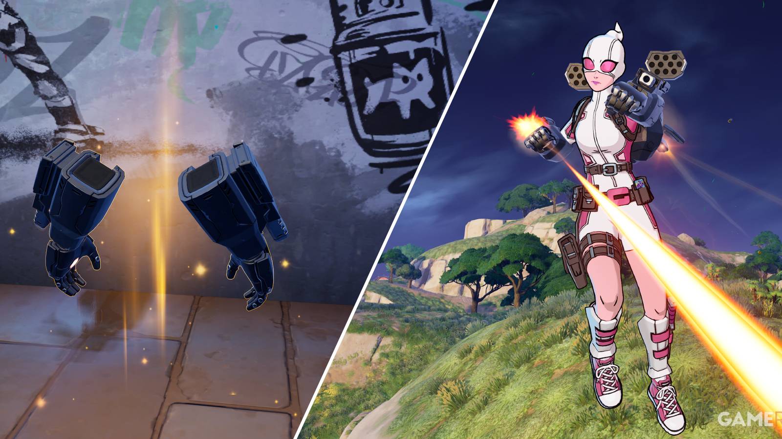 Split-image showcasing War Machine's Arsenal in Fortnite