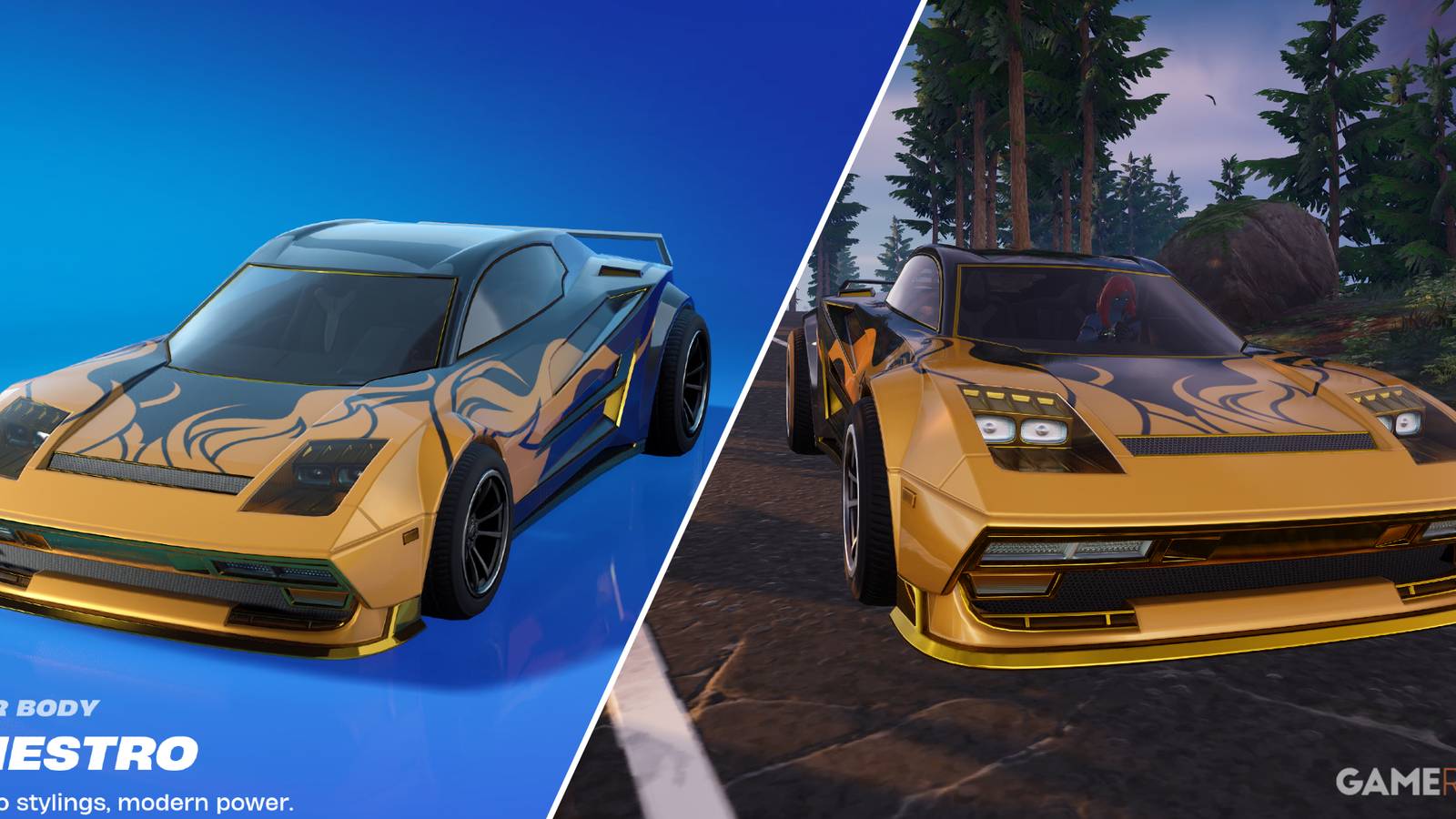 Split-image showcasing Diestro Gold Trim in Fortnite