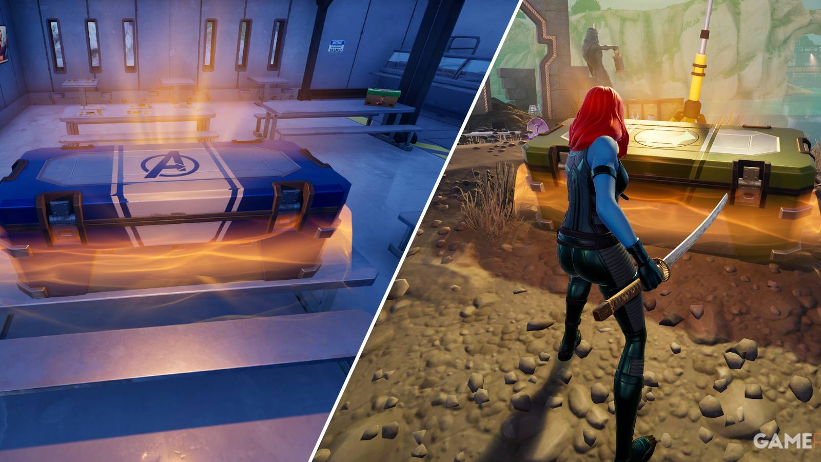 Split-image showcasing Dr. Doom Chests & Avengers Chests in Fortnite