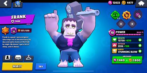 Frank standing in front of a blue background in the Brawl Stars menu