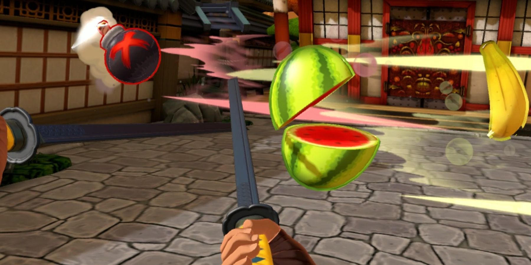 Fruit Ninja VR slashing a watermelon