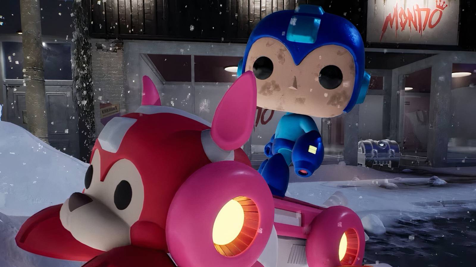 funko fusion mega man riding a pink car