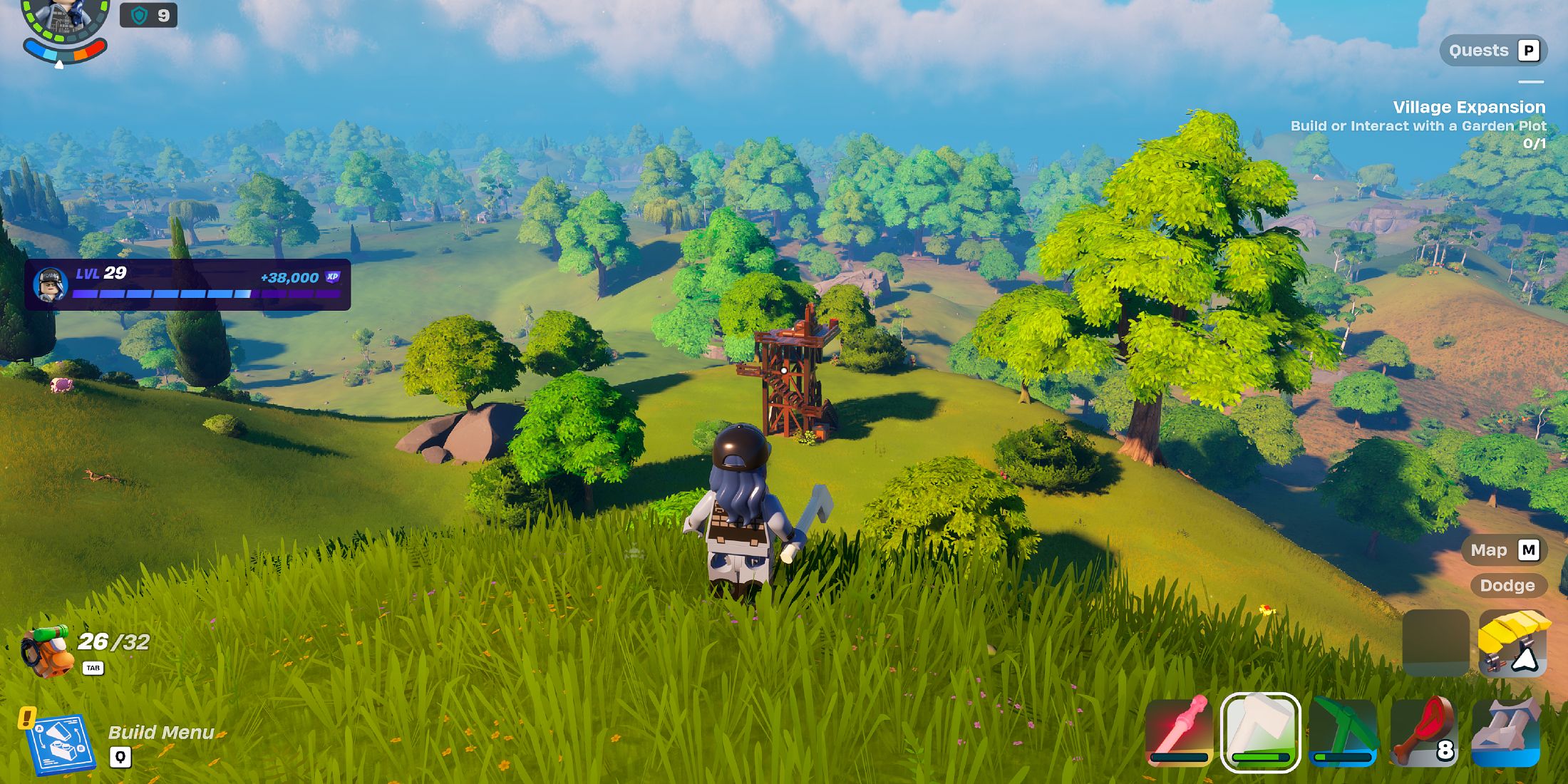 Screenshot showing players earning Playtime XP while exploring in LEGO Fortnite 