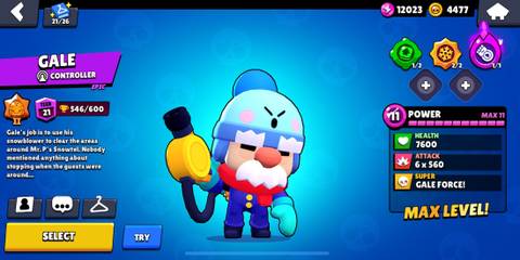 Gale standing in front of a blue background in the Brawl Stars menu