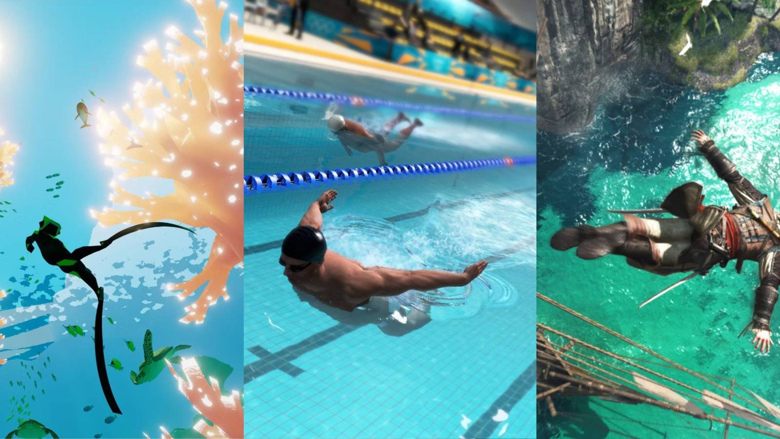 a split image of games with realistic swimming