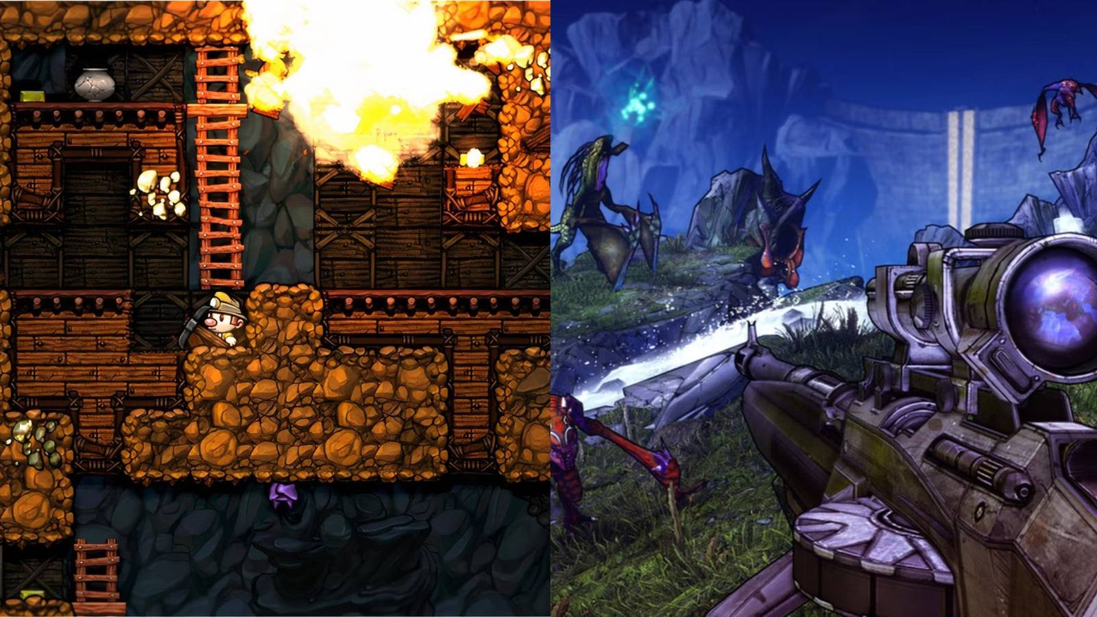 image showing spelunky gameplay on left and borderlands on right