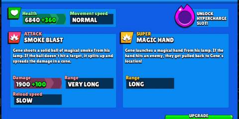 A display of Gene's stats on a blue background in Brawl Stars